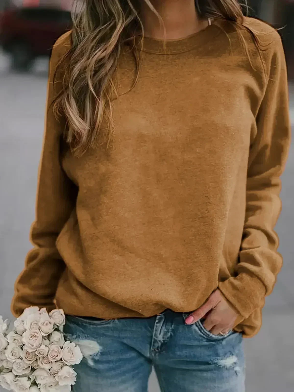 Damen Herbst/Winter Oberteile Langärmliges Rundhals-T-Shirt