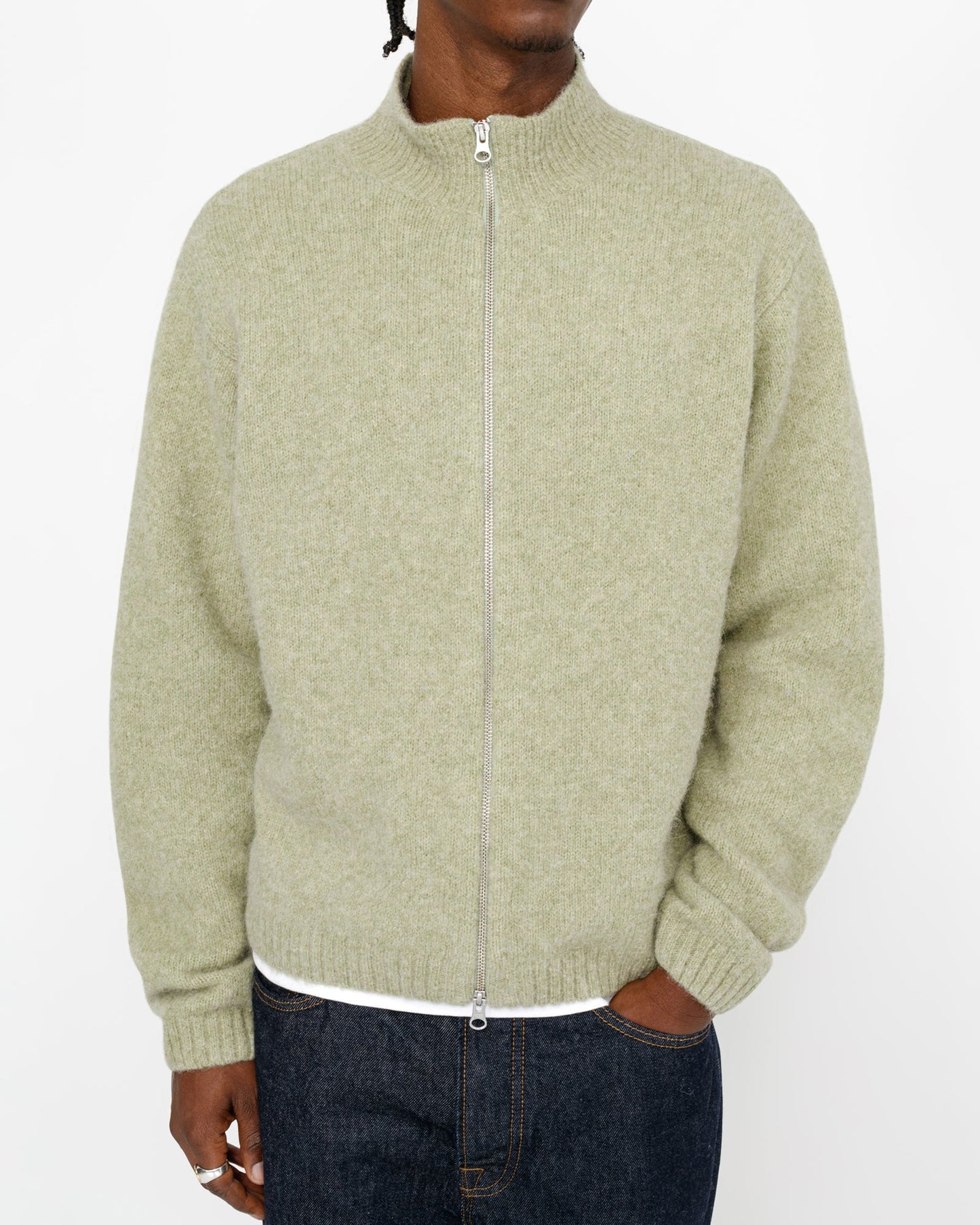 Pull en mérinos brossé, entièrement zippé
