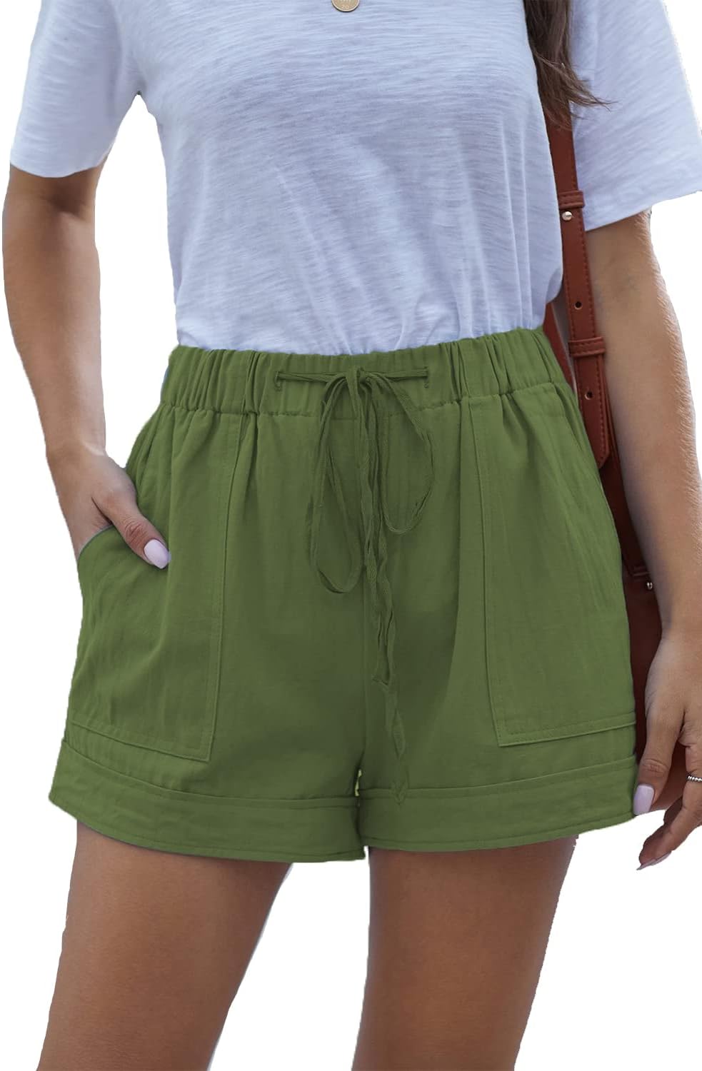 Damen leichte Shorts, lässig, weit geschnitten, trendige kurze Hose, elastischer Bund mit Kordelzug, bequeme Shorts