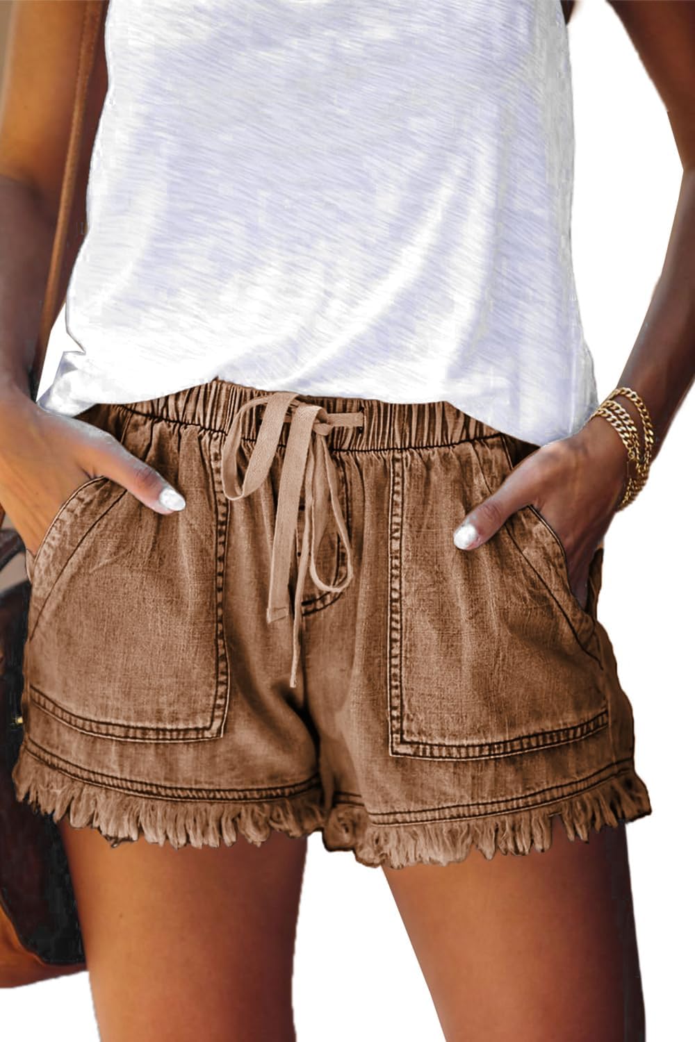 Damen leichte Shorts, lässig, weit geschnitten, trendige kurze Hose, elastischer Bund mit Kordelzug, bequeme Shorts