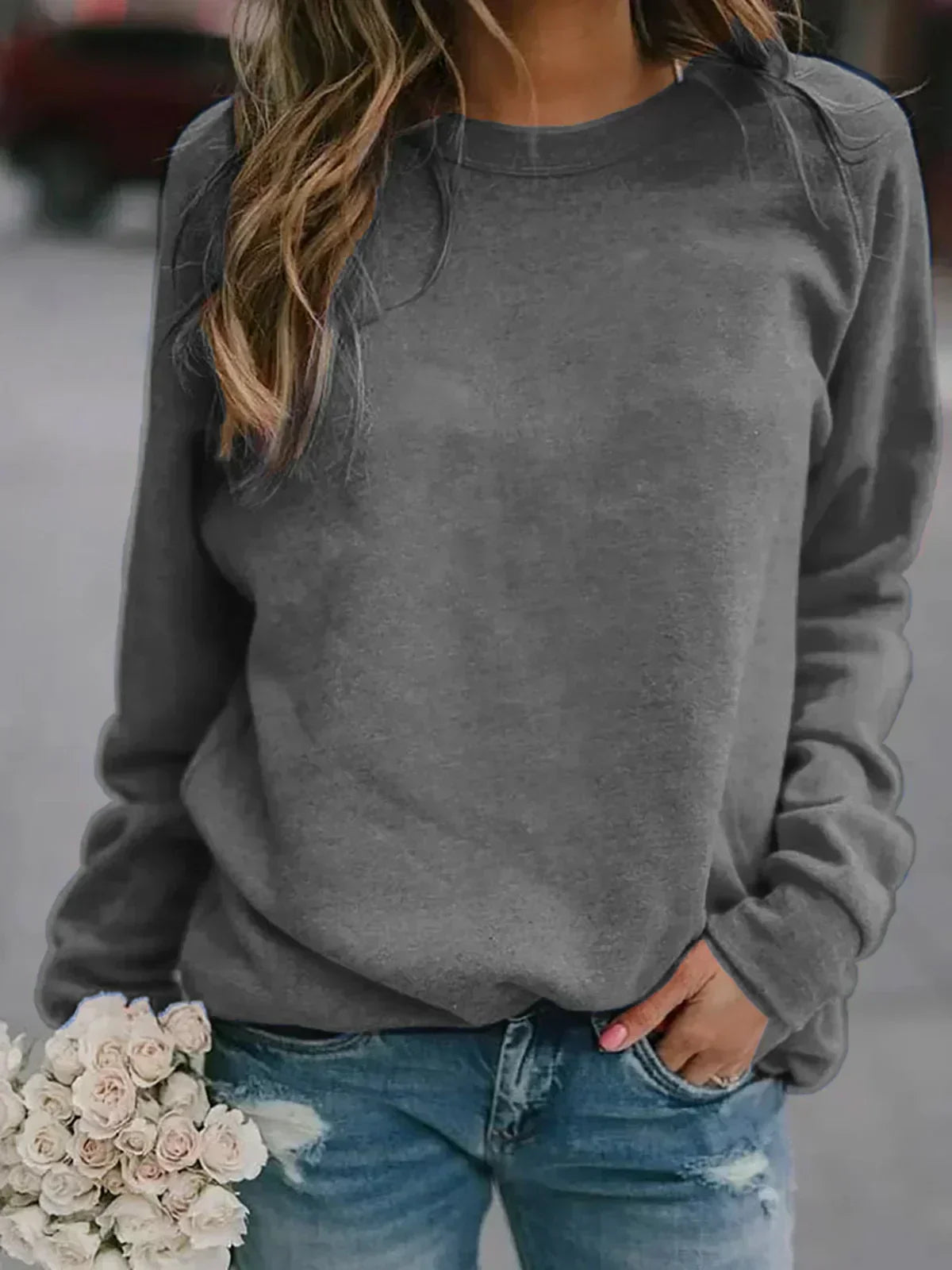 Damen Herbst/Winter Oberteile Langärmliges Rundhals-T-Shirt
