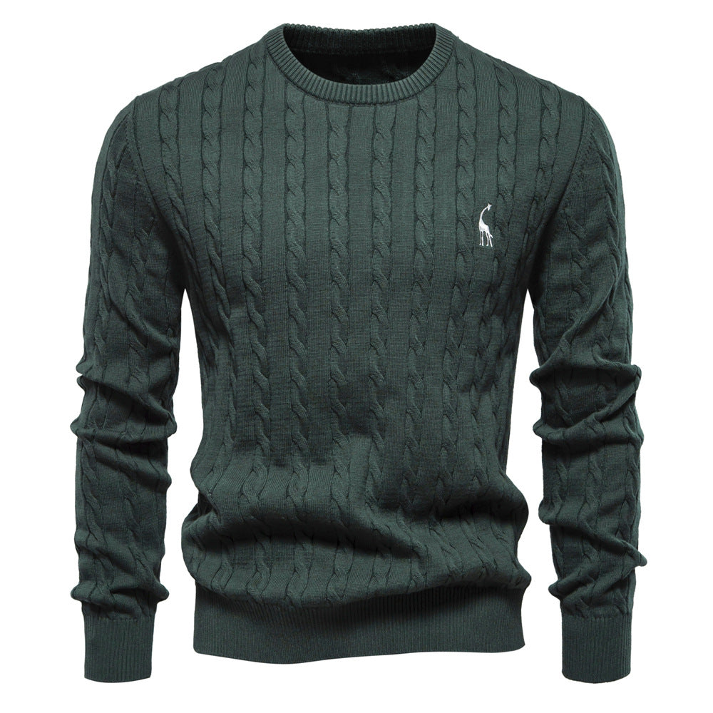 Men's Round Neck Twist Patterned Giraffe Embroidery Sweater